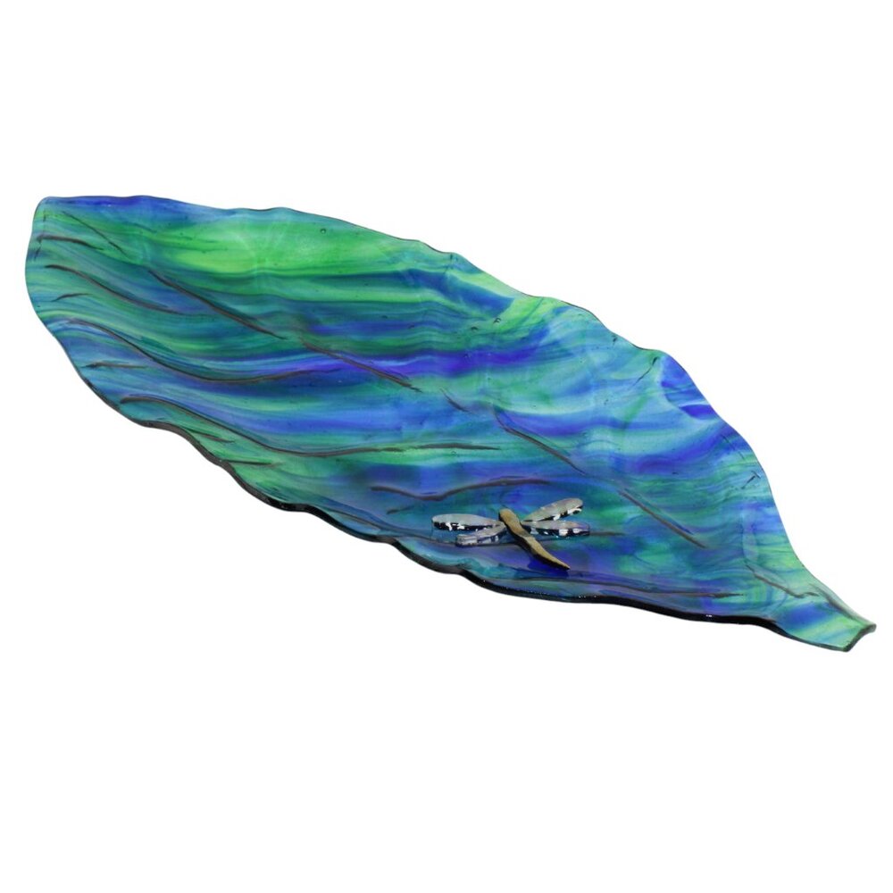 Art Glass Leaf Shaped Plate with Dragonfly Accent - Green/Blue
